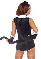 Cat (woman), costume romper, velvet, faux fur, front zipper